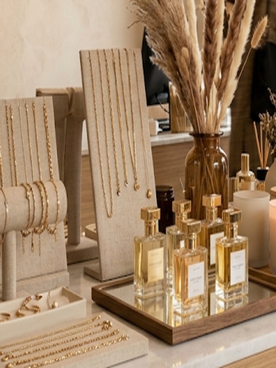Perfumy Stellove na tacy w butiku